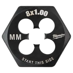 M8-1.00 mm 1-Inch Hex Threading Die, black with hexagonal shape and “start this side” text, used for threading purposes.