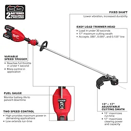 Walkaround image of the Milwaukee M18 FUEL 17” Dual Battery String Trimmer highlighting its USPs