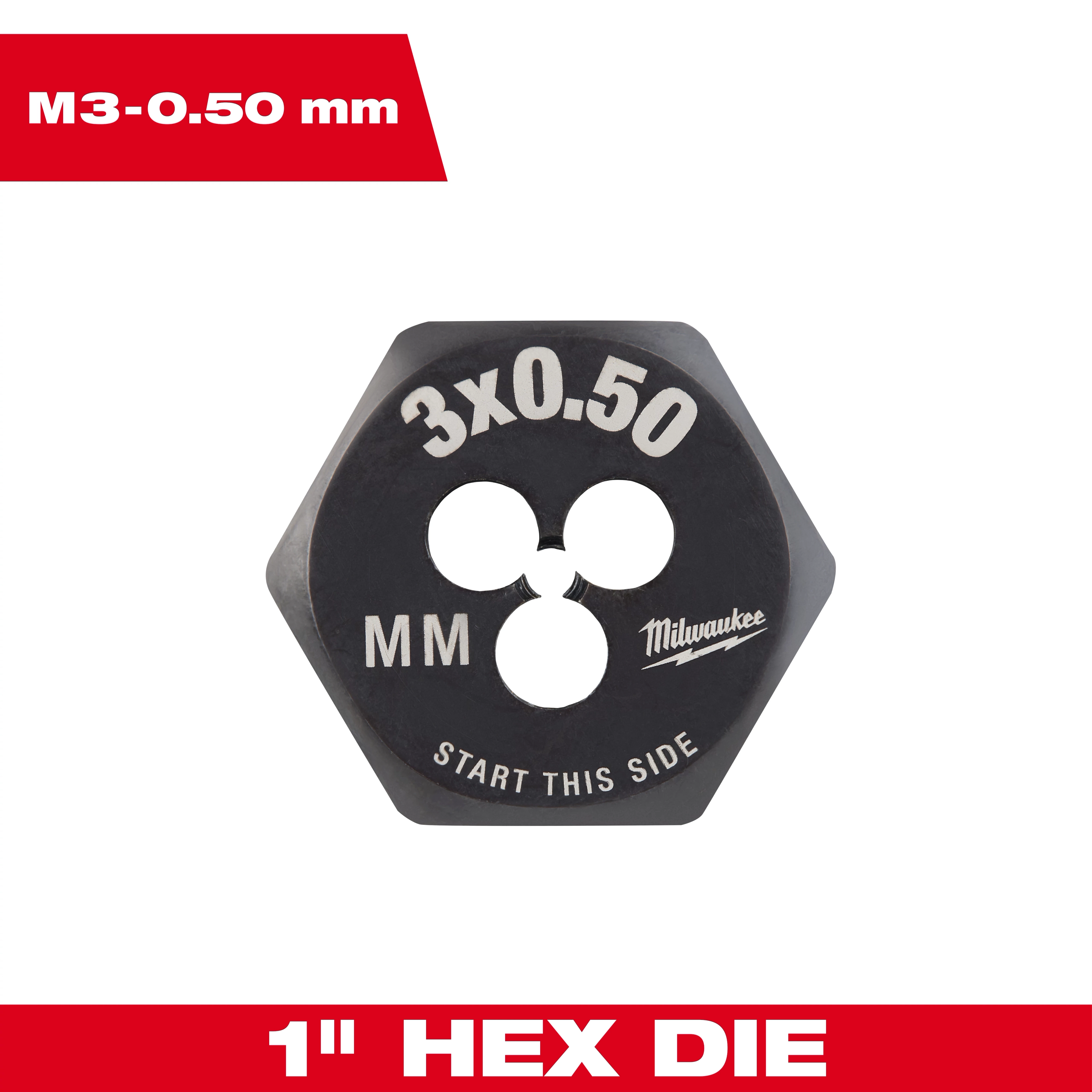 M3-0.50 20mm 1-Inch Hex Threading Die, labeled 3x0.50, with "Start This Side" and manufacturer's name on the hexagonal die.