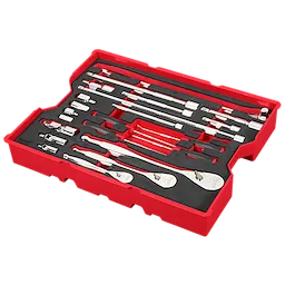 A red tray holds a Milwaukee 23PC 1/4", 3/8", and 1/2" Drive Ratchet & Accessory Set, arranged neatly with ratchets, sockets, and various accessories, designed for use with PACKOUT™ Drawers.