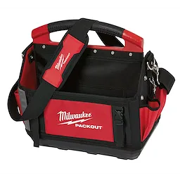 Milwaukee PACKOUT Modular Storage System: 15 inch Tote with multiple compartments, a padded shoulder strap, and a durable handle.