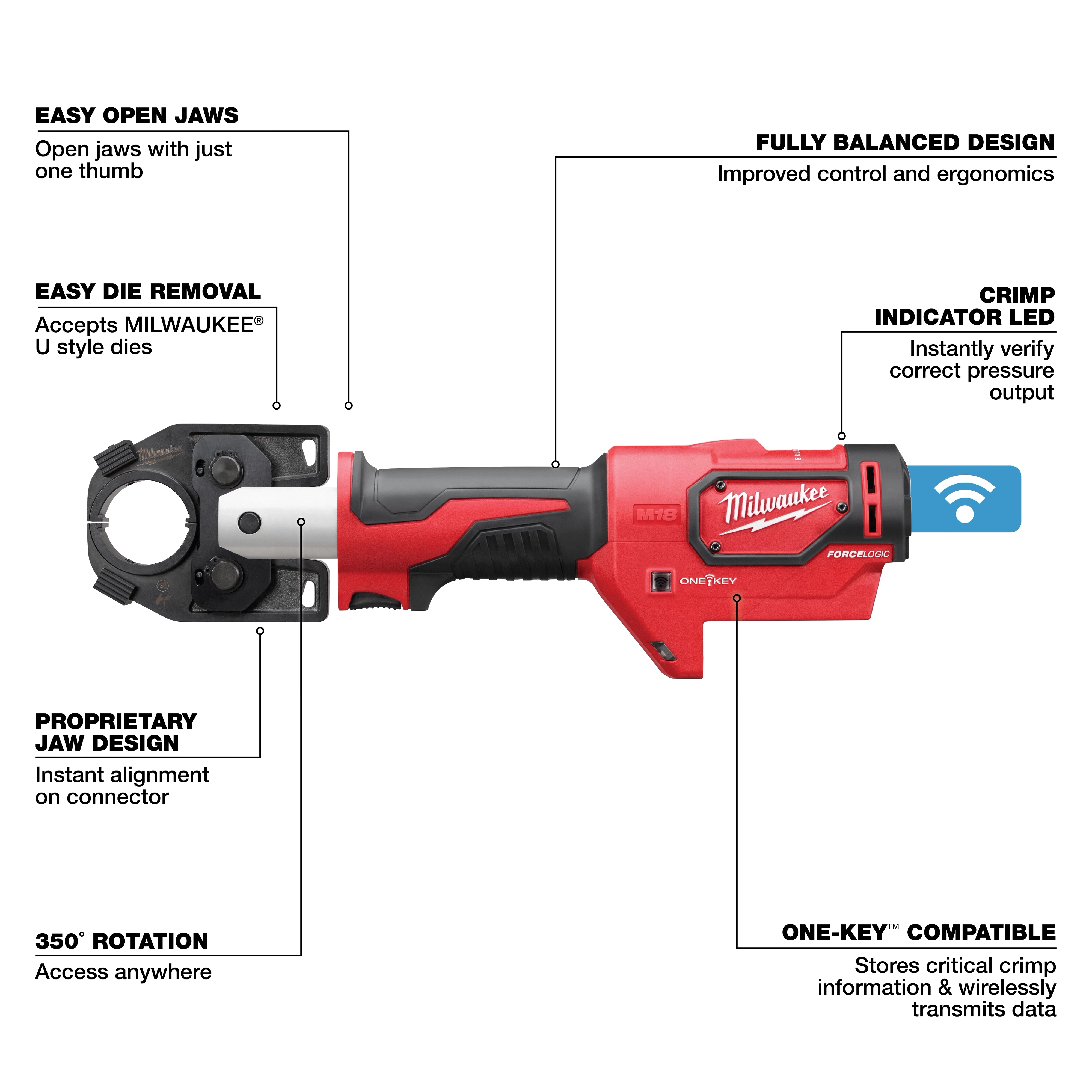 The M18™ FORCE LOGIC™ 600 MCM Crimper is a red and black hand tool with easy open jaws, easy die removal, proprietary jaw design, 350-degree rotation, fully balanced design, crimp indicator LED, and ONE-KEY™ compatibility. The crimper accepts MILWAUKEE® U-style dies.