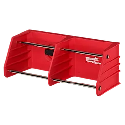 Red PACKOUT Tool Rack with Milwaukee branding, featuring two compartments and horizontal steel rails for holding tools.