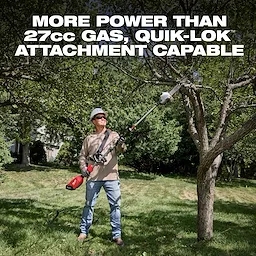 Worker using an M18 QUIK-LOK Brushless Pole Saw to trim branches on a tree in a grassy yard.