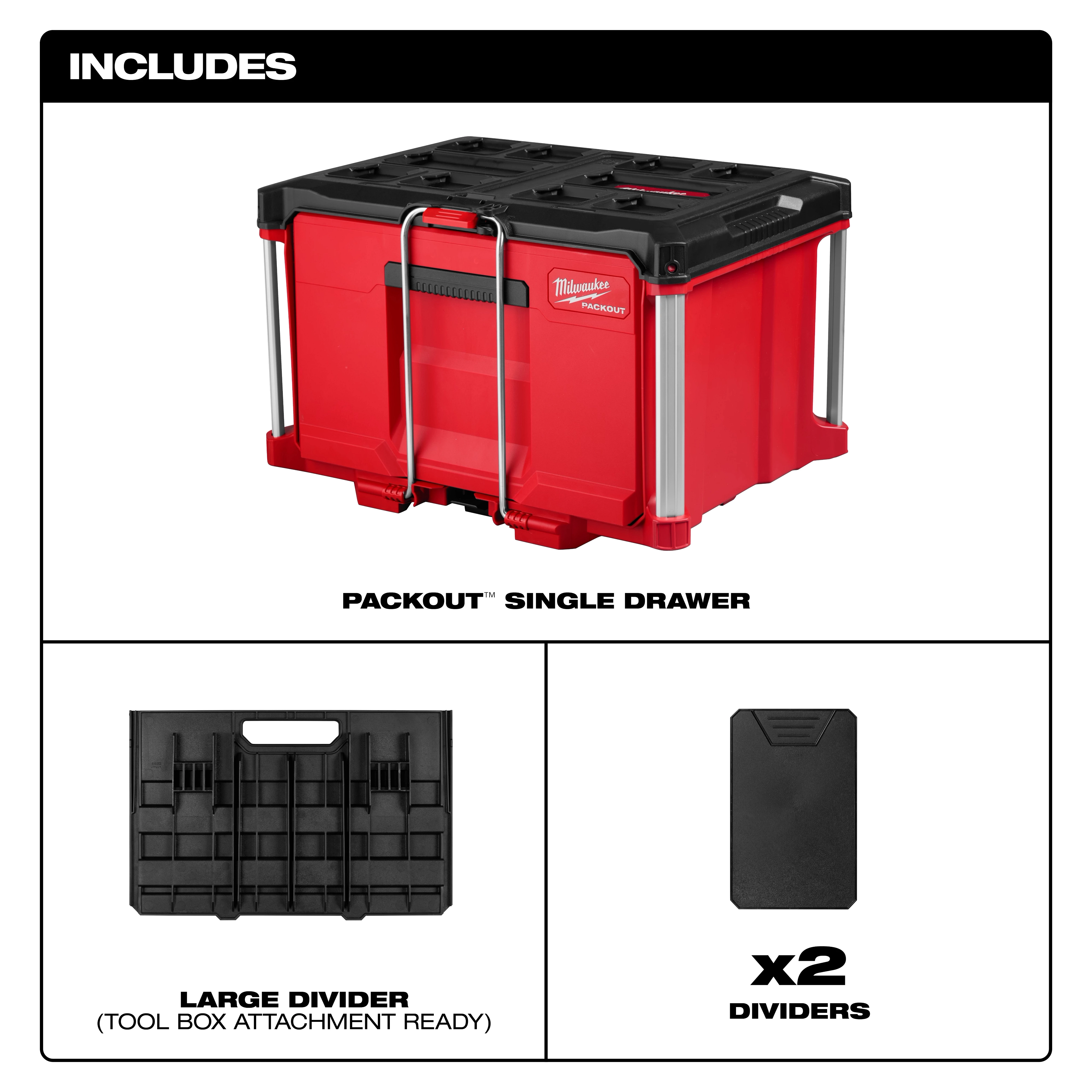 PACKOUT Single Drawer Tool Box with large divider and two smaller dividers displayed on a white background.