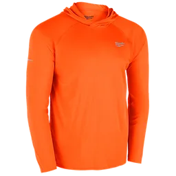 This image shows a bright orange WORKSKIN™ Hooded Sun Shirt by Milwaukee. The long-sleeve shirt features a hooded design and the Milwaukee logo on the chest. Made of lightweight material, it is designed for sun protection.