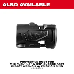Black protective boot for the M12™ FUEL™ Subcompact Impact Wrench w/ Friction Ring, designed to fit 1/4" and 3/8" models. The boot features the Milwaukee logo and "FUEL" text.