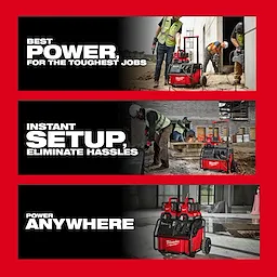 Image of the Milwaukee ROLL-ON 7200W/3600W 2.5KWH Power Supply in 3 different jobsite settings with the text "Best power, for the toughest jobs. Instant setup, eliminate hassles. Power anywhere."