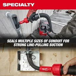 The image shows the AIR-TIP™ Conduit Line Puller Kit being used to seal conduits of various sizes for strong line-pulling suction. A person is applying the tool to a conduit connected to a vacuum unit. The text reads, "SEALS MULTIPLE SIZES OF CONDUIT FOR STRONG LINE-PULLING SUCTION."