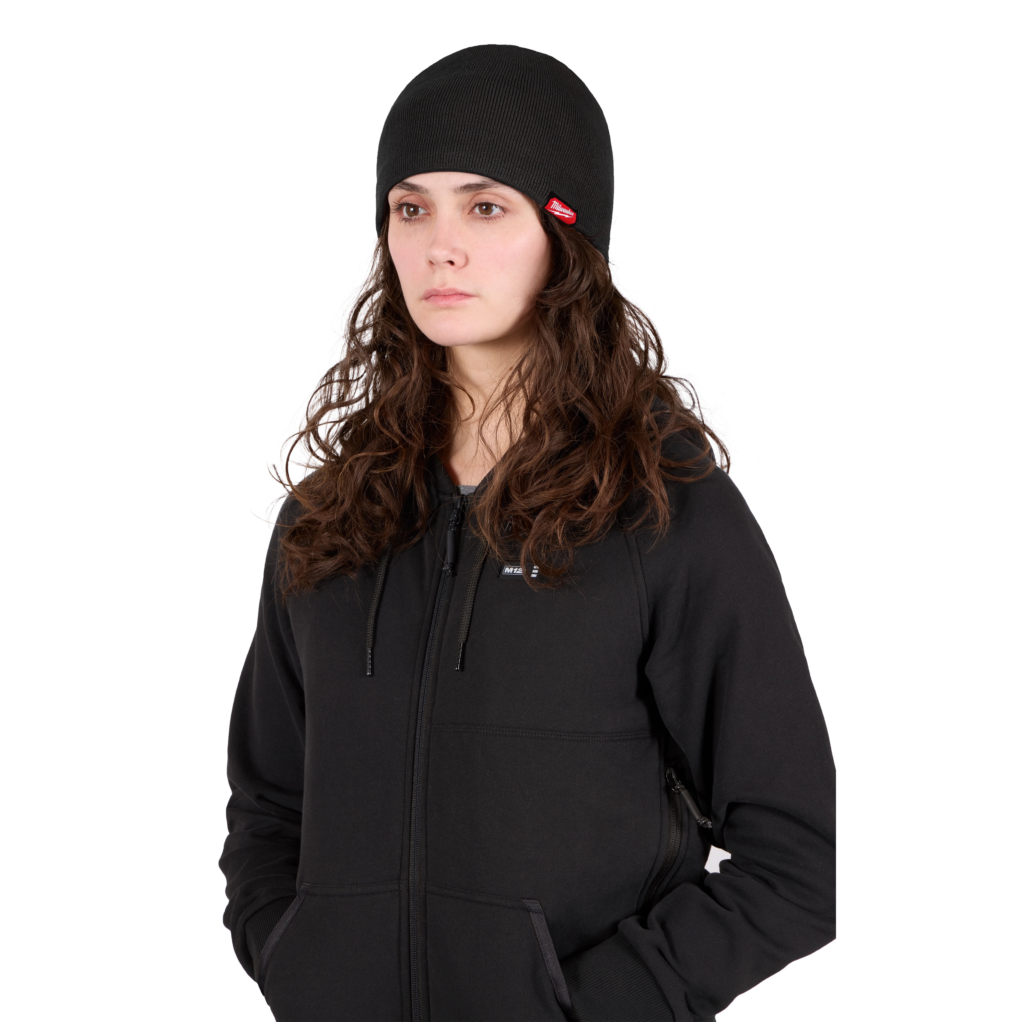 Image of a woman wearing the Milwaukee Fleece-Lined Beanie in black