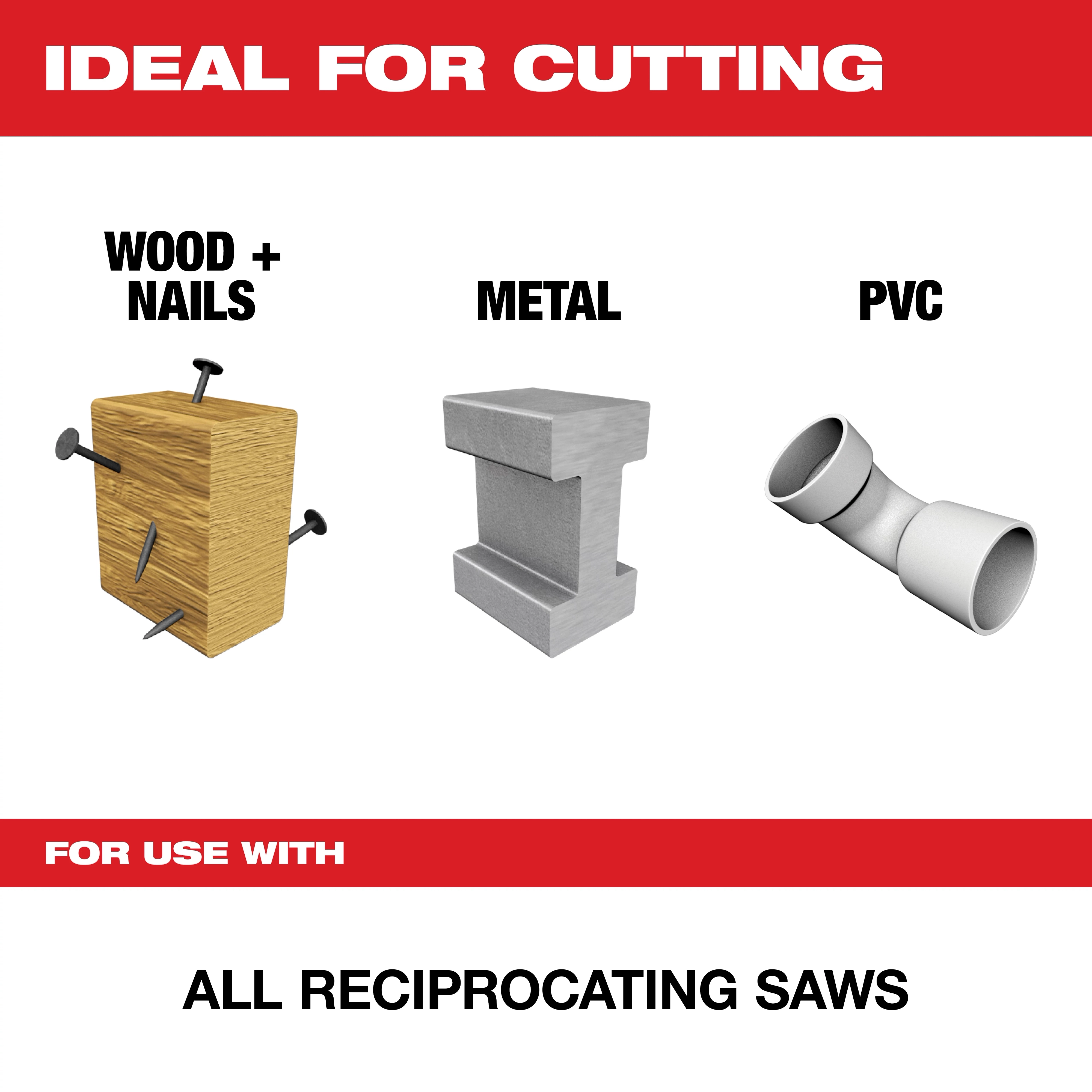 For%20Use%20With is ideal for cutting wood with nails, metal, and PVC. The product is compatible with all reciprocating saws. A diagram visually depicts these materials against a white background with bold red headers.