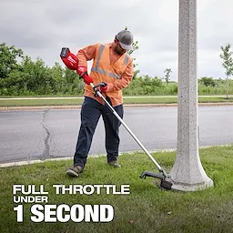 Person in a reflective jacket using a string trimmer near a street, with text "FULL THROTTLE UNDER 1 SECOND."