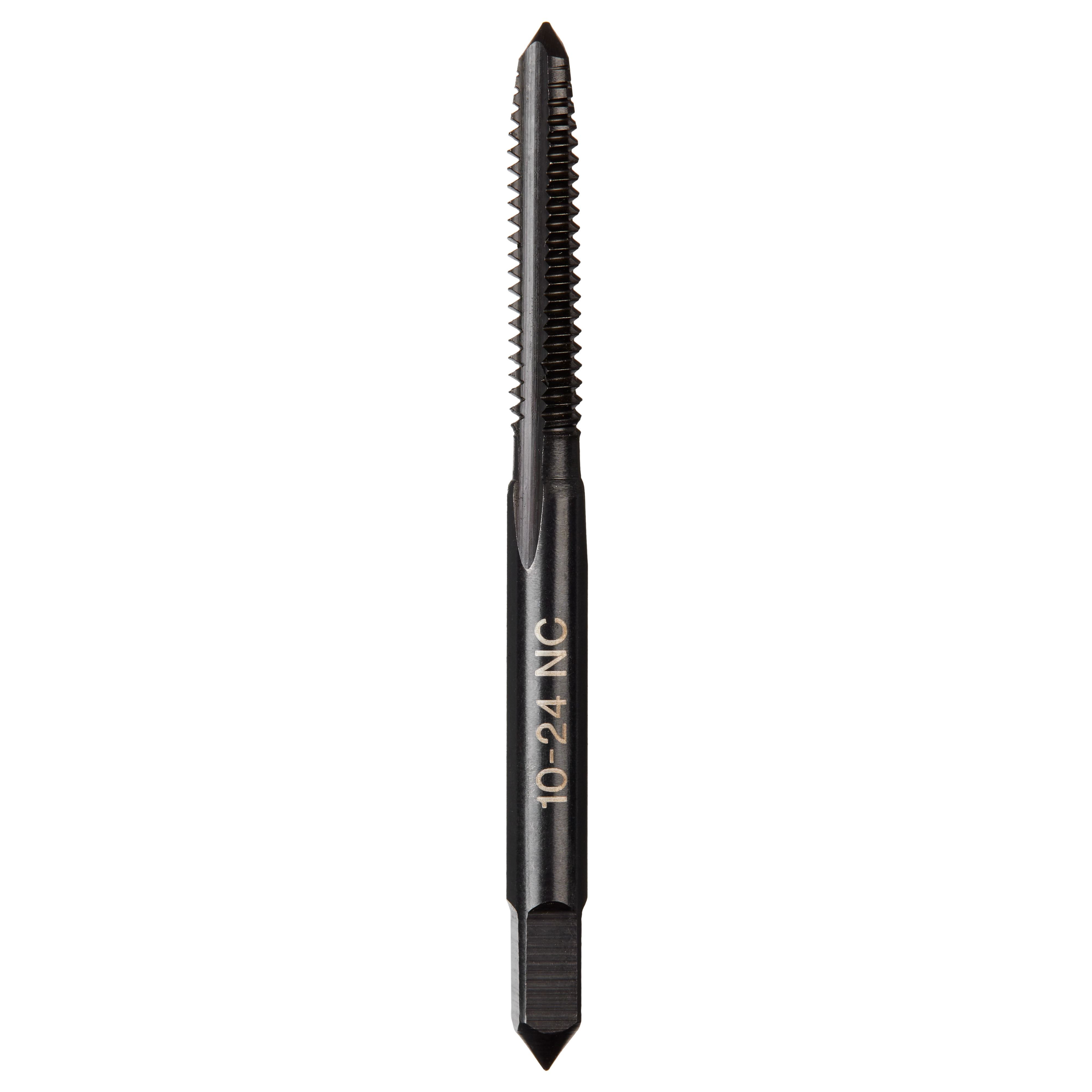 10-24 NC straight flute plug tap with a cylindrical shank and threaded cutting end, used for creating screw threads.