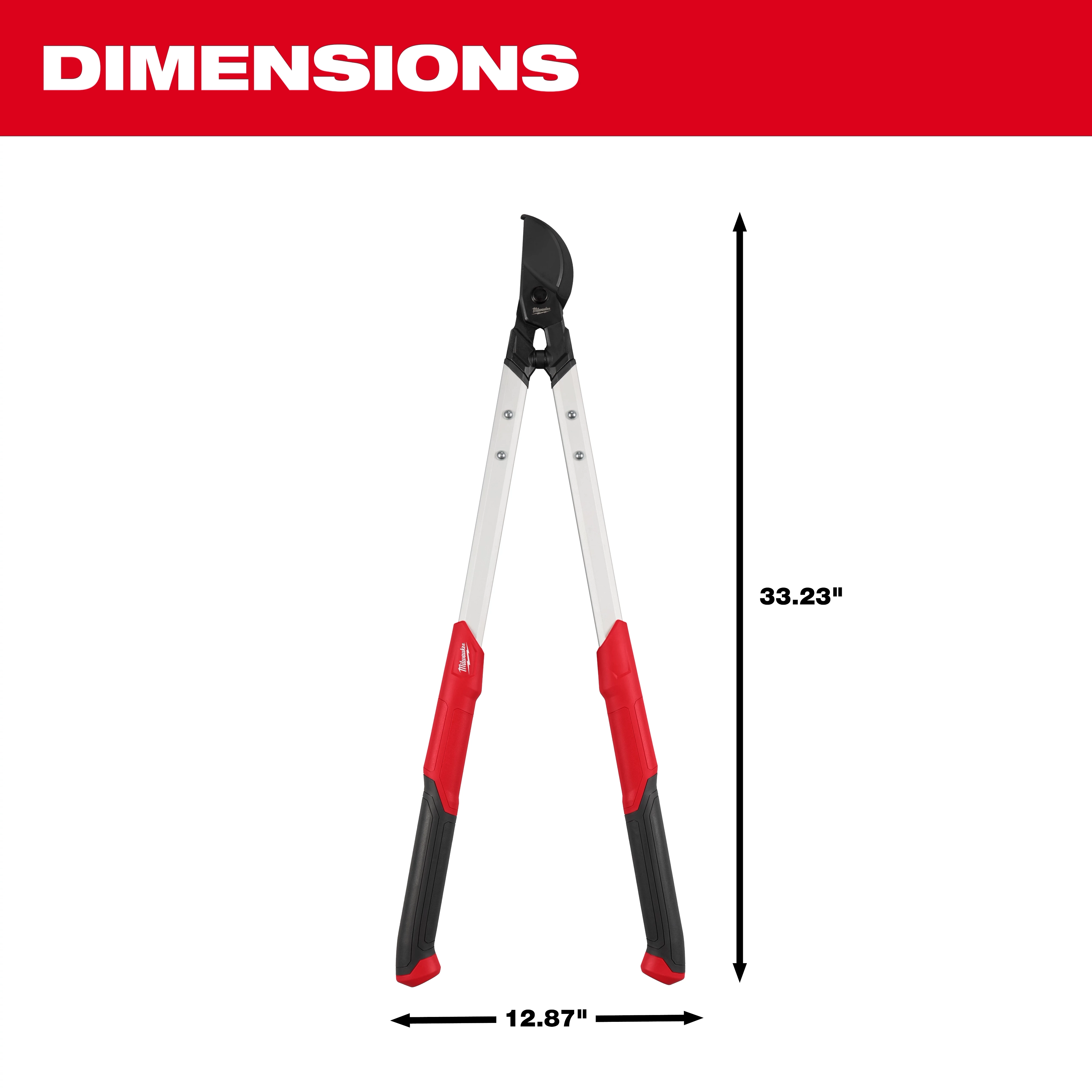 The image shows a 2" Lopper with a red and black handle. It measures 33.23 inches in height and 12.87 inches in width. The top section of the image features the word "DIMENSIONS" in white text on a red background.