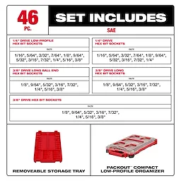 46pc 1/4” and 3/8” Drive SAE Bit Socket Set with PACKOUT Compact Low-Profile Organizer layout with tray and organizer shown.