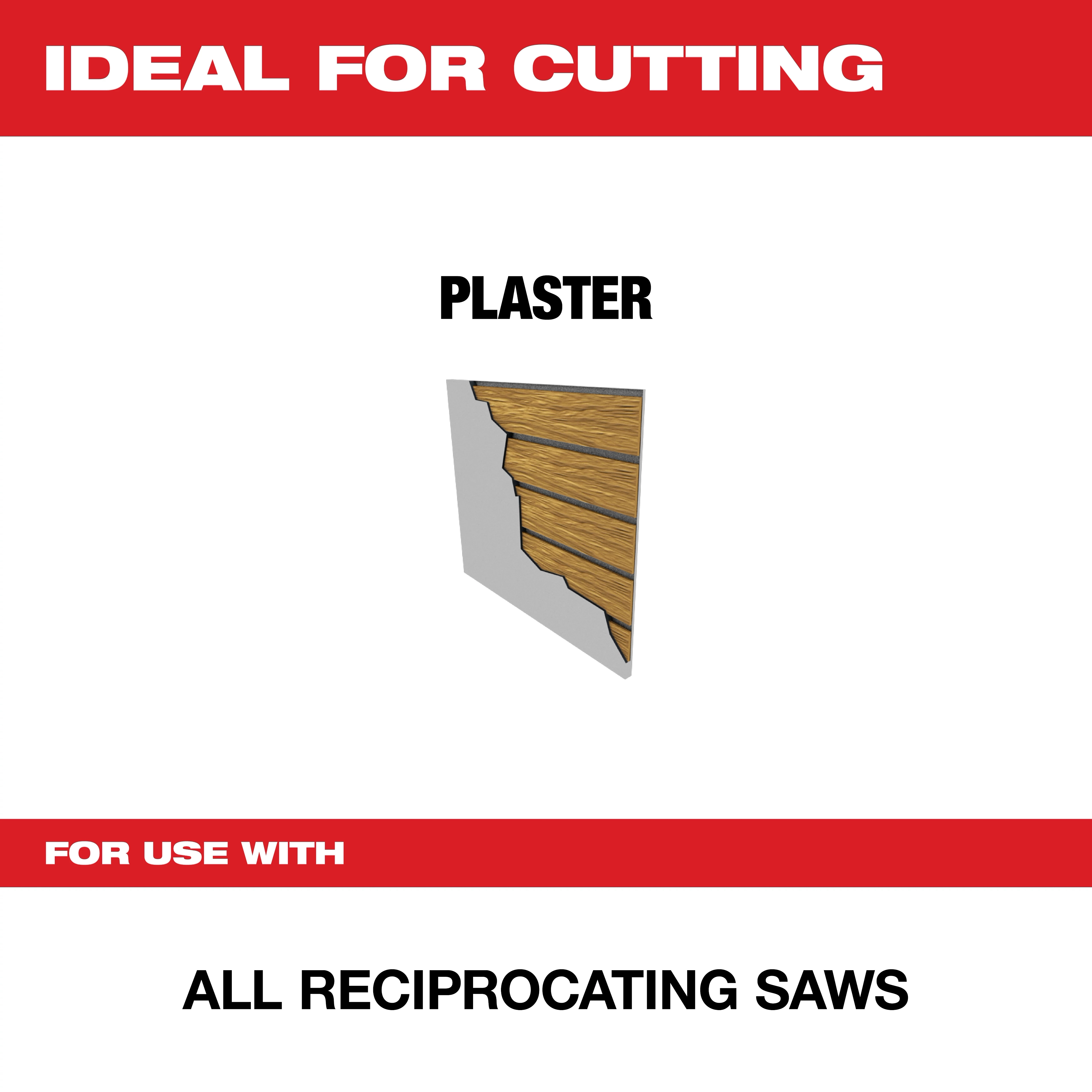 Milwaukee Saw Blade ideal for cutting plaster is compatible with all reciprocating saws. The image features text with a graphic showing plaster being cut on a wooden wall.