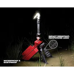 M18 ROCKET Dual Pack Tower Light w/ ONE-KEY shown in a wet environment, highlighting its waterproof, dustproof, and impact-resistant features.