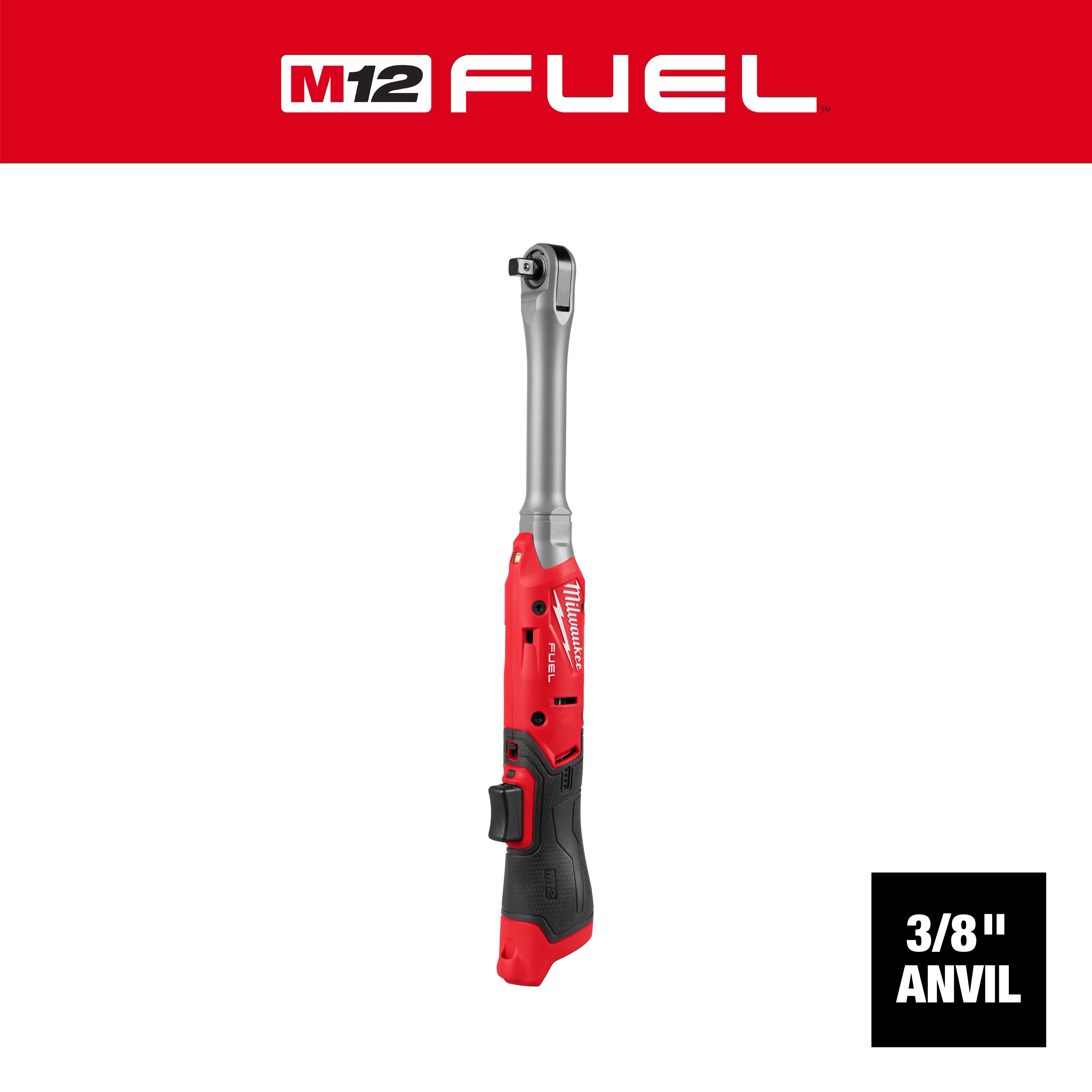 M12 FUEL 3/8" Extended Reach Ratchet power tool standing upright on a plain background.