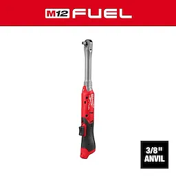 M12 FUEL 3/8" Extended Reach Ratchet power tool standing upright on a plain background.