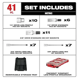 41pc 1/4” and 3/8” Drive Metric Bit Socket Set with PACKOUT Compact Low-Profile Organizer layout with labeled contents.