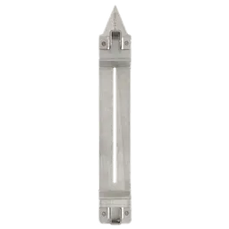 6" Skid Plate made of stainless steel with pointed top, rectangular center slit, and mounting holes at both ends.