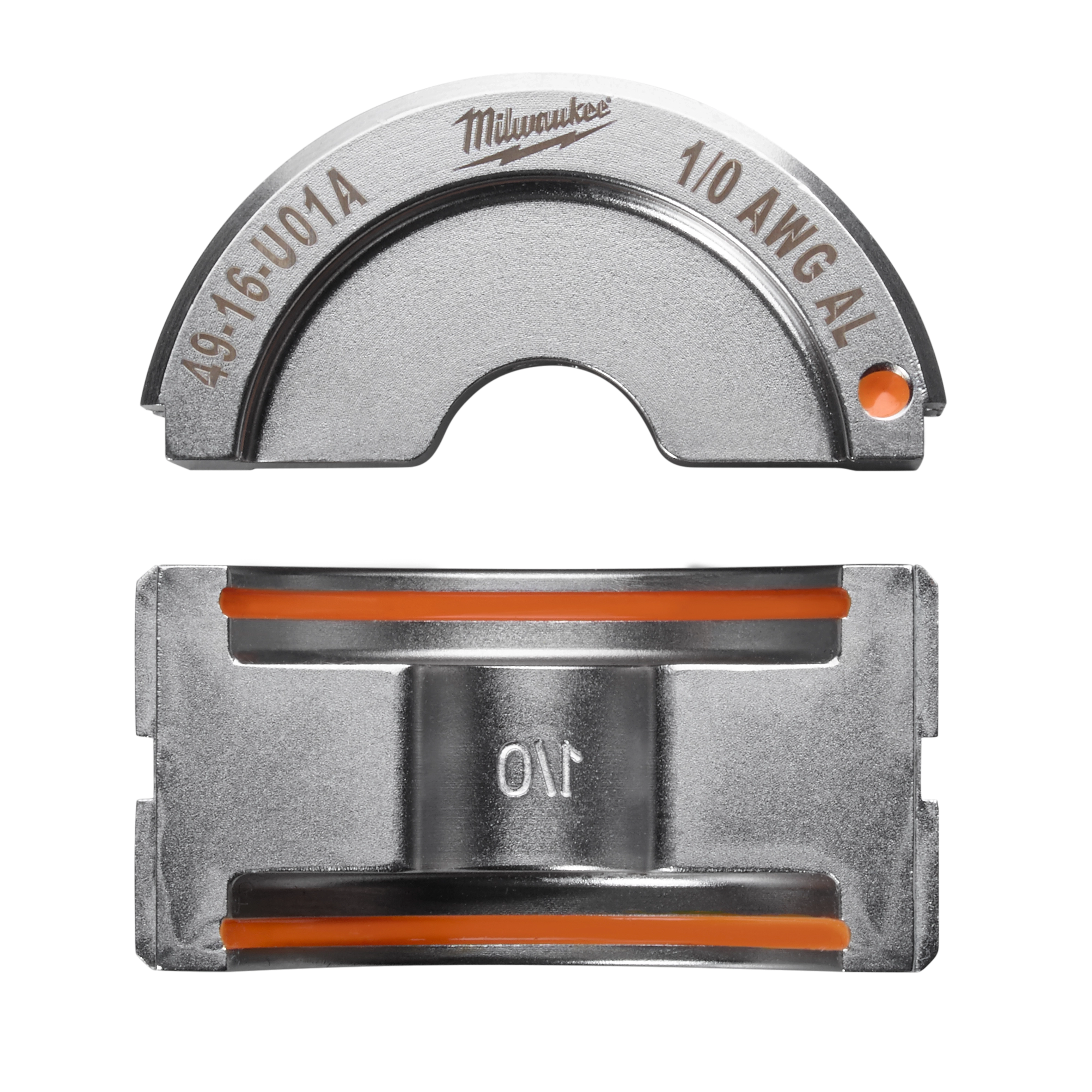 1/0 Aluminum U Style Die for crimping; top view highlights the semi-circular design and bottom view shows rectangular alignment.