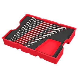 Image of a 15PC Metric Ratcheting Combination Wrench Set with Tray for PACKOUT™ Drawers. The set includes fifteen wrenches neatly arranged in a red tray with a black insert. There is an empty compartment on the right side of the tray for additional storage.