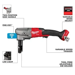 Image of M18 FUEL™ 10 Gauge Nibbler, highlighting features such as two-position side handle, ONE-KEY™ compatibility, LED light, variable mode select, variable speed trigger, and tool-free adjustable die holder.