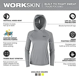 Women's WORKSKIN Hooded Shirt - Gray with features like vertical hood vent, UPF 50+ sun protection, sweat-wicking, odor-fighting fabric, and stretchability.