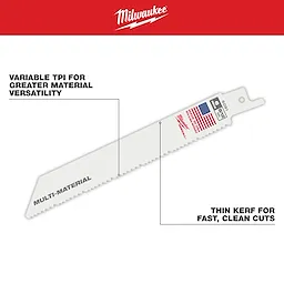 SAWZALL Multi-Material Blades feature variable TPI for versatility and a thin kerf for fast, clean cuts.