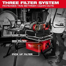 M18 Brushless Pipe Threading Oiler on a stand with labeled chip tray, mid filter, and pick up filter in a workshop.