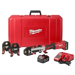Milwaukee M18 FORCE LOGIC Long Throw Press Tool with red carrying case, two batteries, battery charger, and three press jaws.