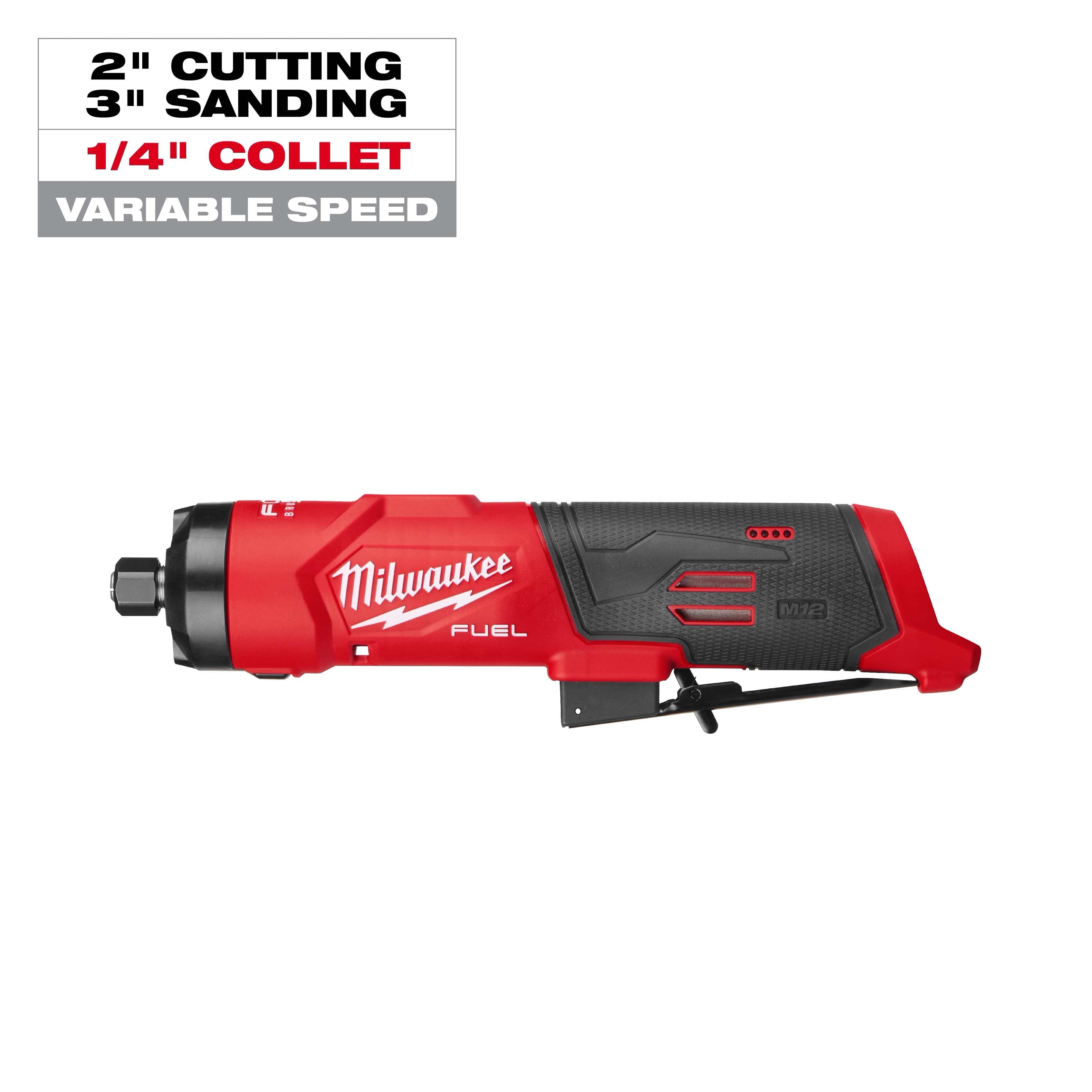 M12 FUEL 1/4" Straight Die Grinder power tool with side grip and text noting cutting, sanding, collet, and variable speed.
