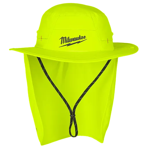 The WORKSKIN™ Sunshade Hat is a bright yellow, wide-brim hat with a neck shade and a black adjustable chin strap. The hat features the Milwaukee logo on the front.