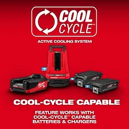 The image shows a red MX FUEL™ Rapid Charger and batteries with the "COOL-CYCLE™" logo above them, indicating an active cooling system. The text below states that the "COOL-CYCLE™ CAPABLE" feature works with COOL-CYCLE™ capable batteries and chargers.