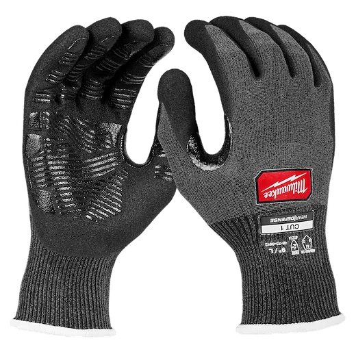 Cut Level 1 High Dexterity Nitrile Dipped Gloves w/ WEARDEFENSE Protection, black gloves with textured palms and red branding.