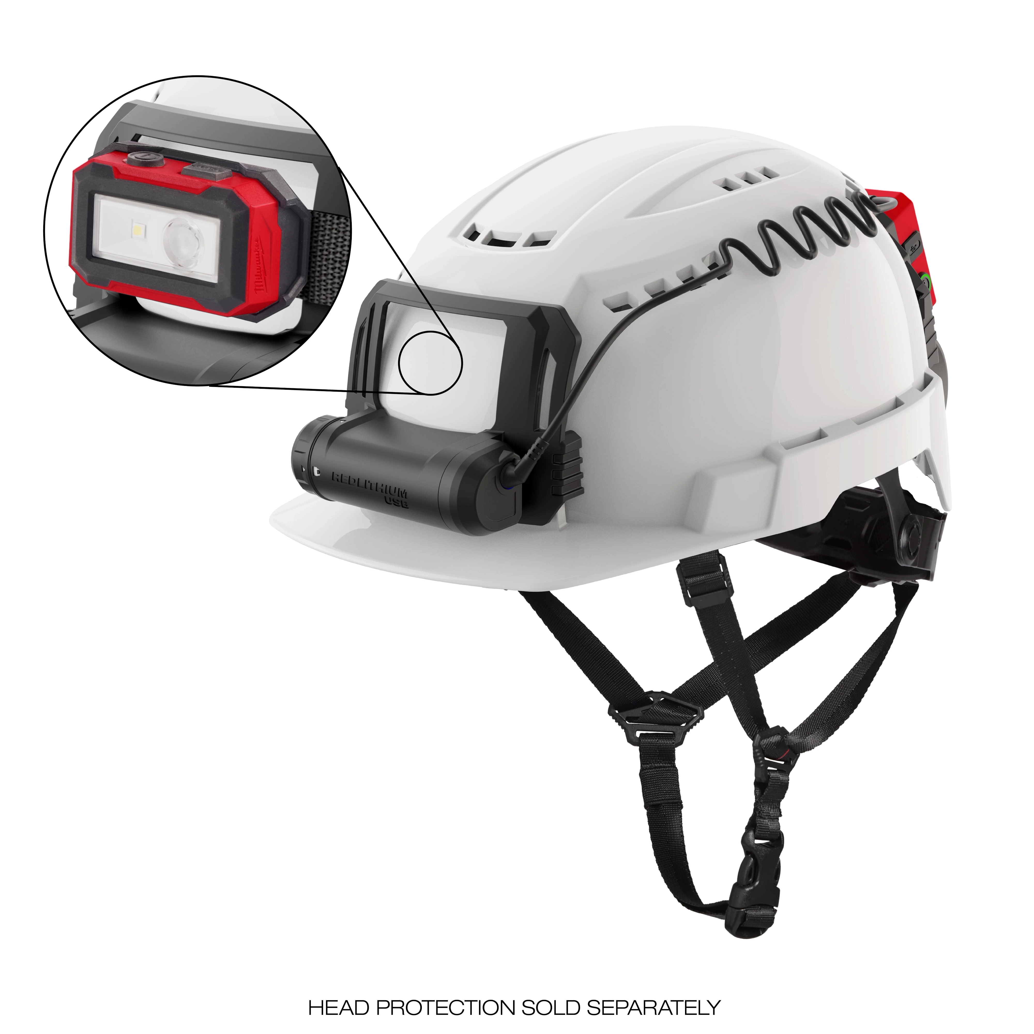BOLT REDLITHIUM USB Cooling Fan attached to a white hard hat with a close-up inset of the fan's red and black unit.