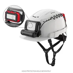 BOLT REDLITHIUM USB Cooling Fan attached to a white hard hat with a close-up inset of the fan's red and black unit.