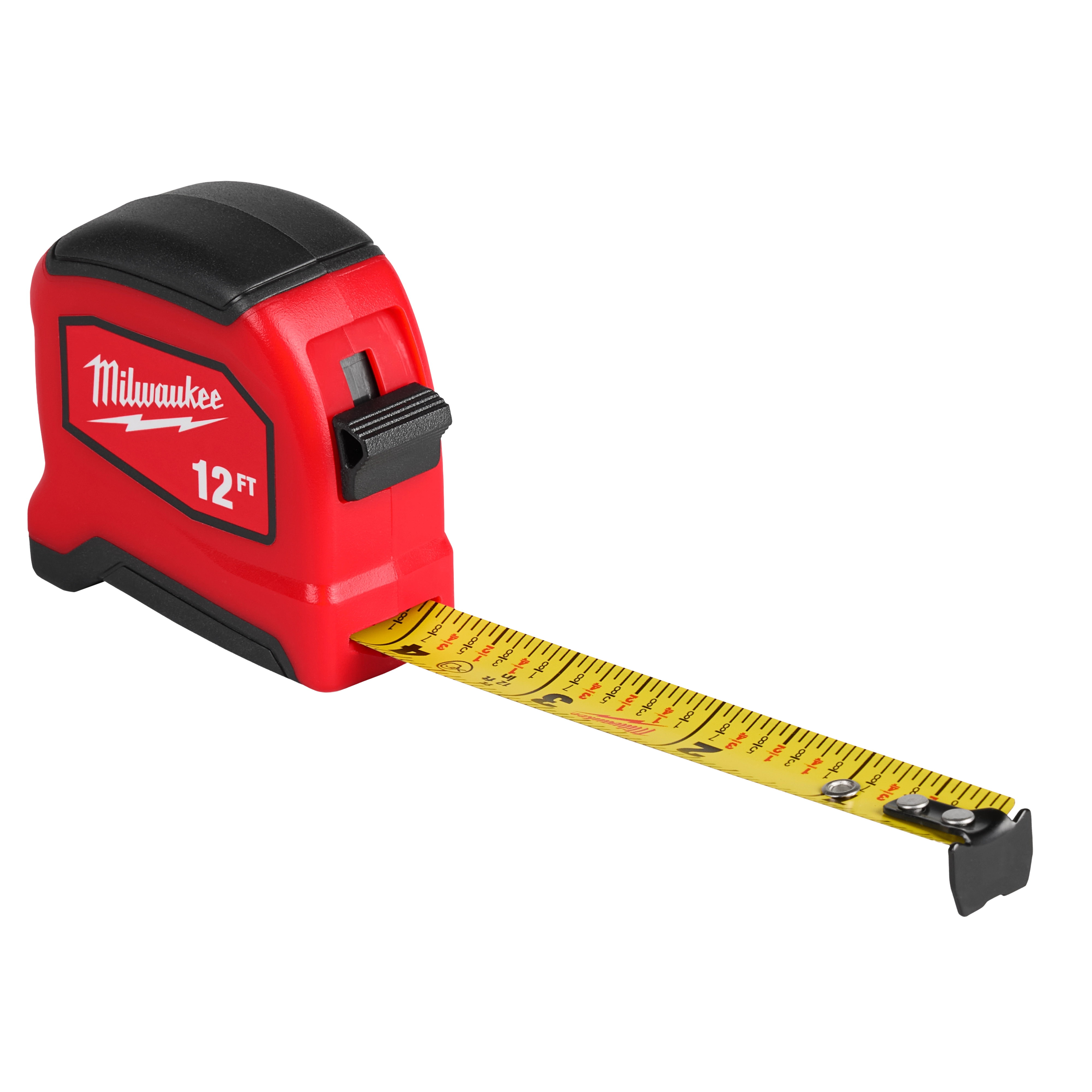 Red and black 12ft Tape Measure with extended yellow measuring blade on a plain background.