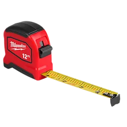 Red and black 12ft Tape Measure with extended yellow measuring blade on a plain background.