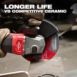 Bonded Abrasives Cutting tool used by a gloved hand, producing sparks while cutting metal. Text reads "LONGER LIFE VS COMPETITIVE CERAMIC."