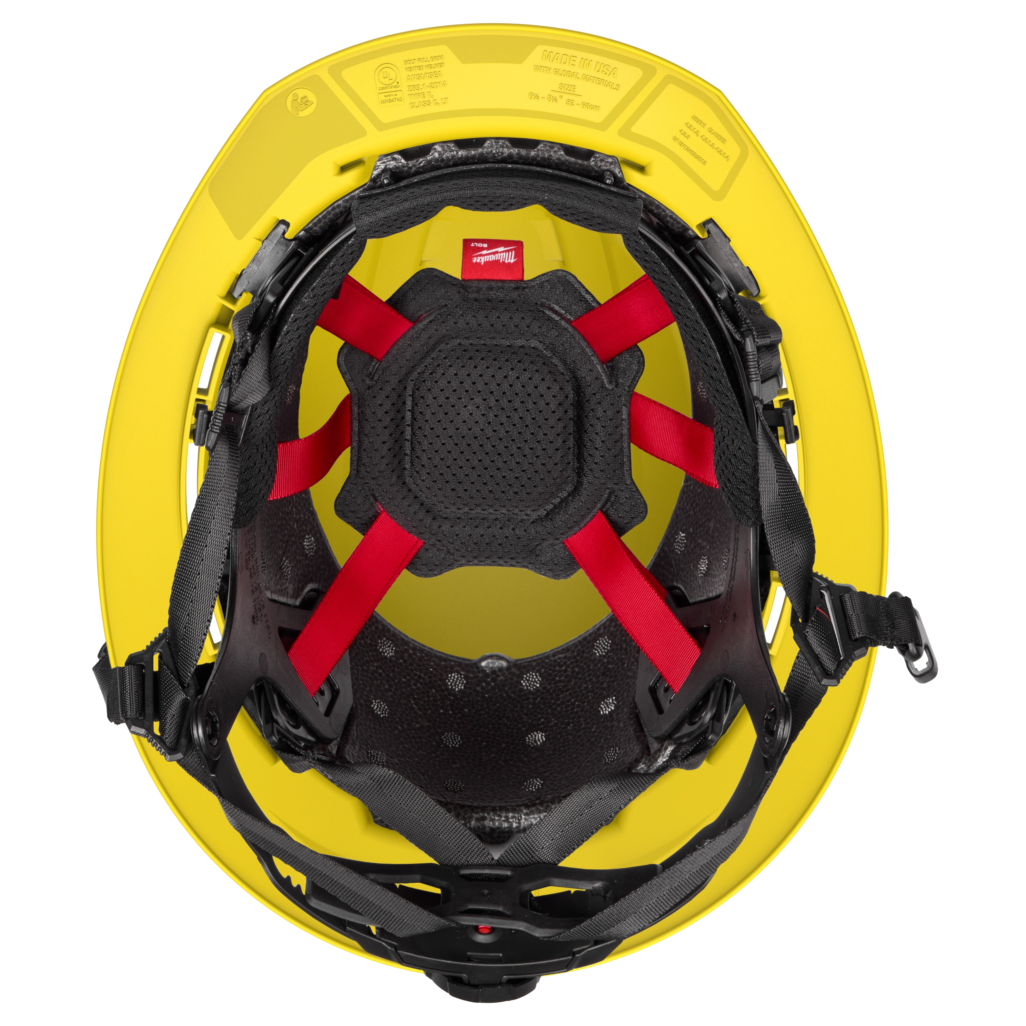 The BOLT™ Yellow Full Brim Vented Safety Helmet – Type 2, Class C features an interior view with black and red harness straps and adjustable padding. The helmet provides ventilation and a full brim for increased protection.