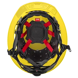 The BOLT™ Yellow Full Brim Vented Safety Helmet – Type 2, Class C features an interior view with black and red harness straps and adjustable padding. The helmet provides ventilation and a full brim for increased protection.