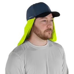 The image features a person wearing a blue cap with a high-visibility yellow flap attached, designed to protect against the sun. The cap has the product name WORKSKIN Sunshade Hat on the side.