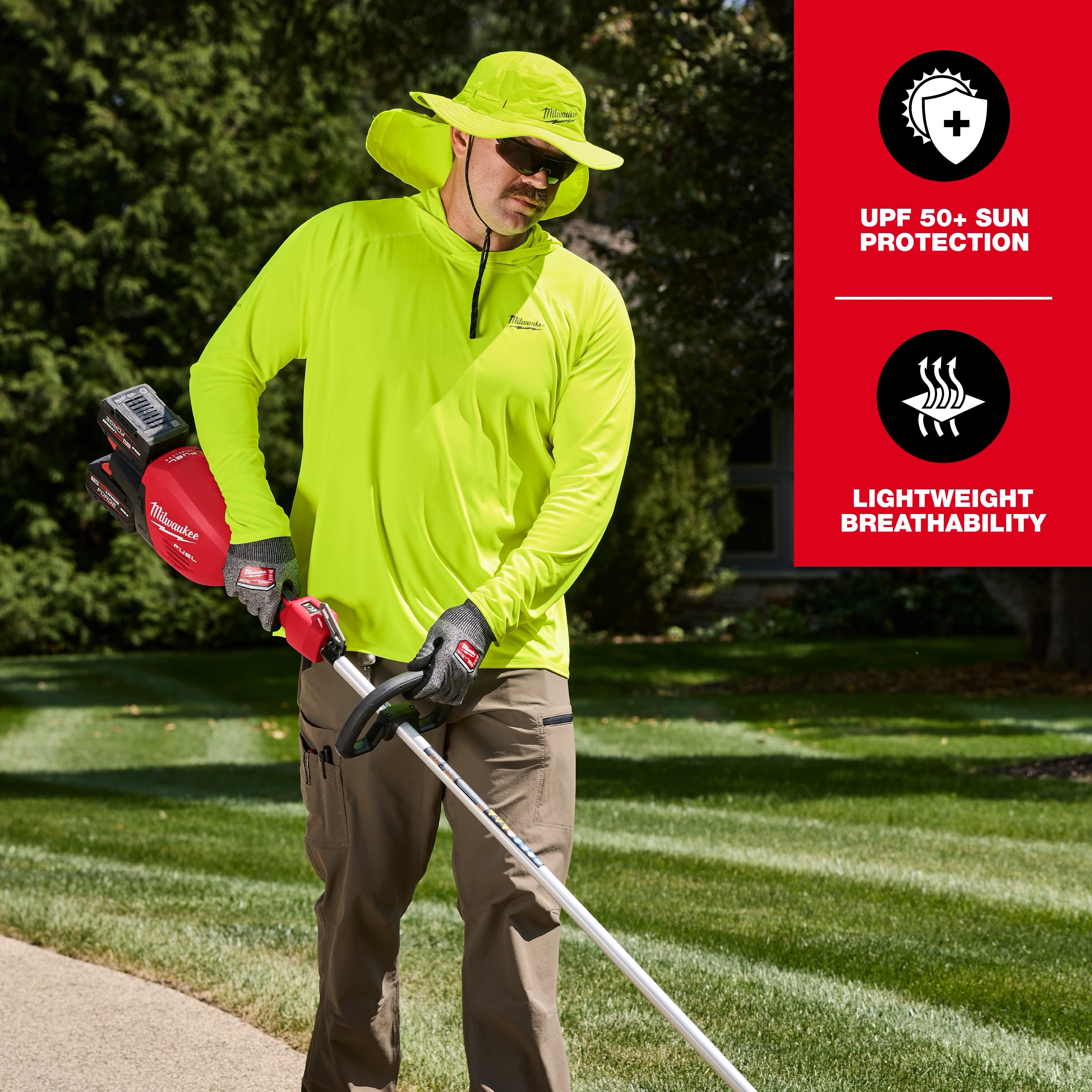 Worker wearing WORKSKIN Sunshade Hat and neon long-sleeve shirt while using a grass trimmer. Text highlights UPF 50+ protection and breathability.