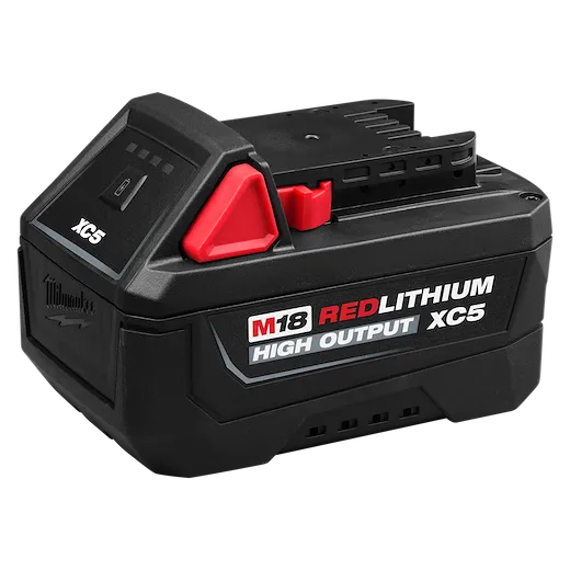 M18 REDLITHIUM HIGH OUTPUT XC5 Battery Pack in a compact rectangular black housing with red accents.