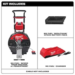 Kit includes three items, the MX FUEL Sewer Drum Machine with POWERTREDZ, MX FUEL REDLITHIUM CP203 Battery Pack, and MX FUEL Charger