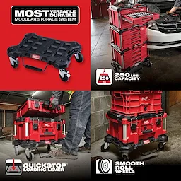 Hover Image showing modular storage system with a 250 lbs capacity, quick-stop loading lever, and smooth roll wheels.