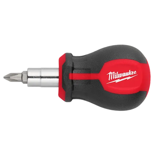 This image shows a Milwaukee 6-IN-1 Stubby Multi-Bit Screwdriver. The compact tool has a black and red handle with the Milwaukee logo and includes an interchangeable multi-bit design for various screw heads.