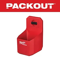 Red PACKOUT Organizer Cup with brand logo on front, featuring a back attachment mechanism for tool storage systems.